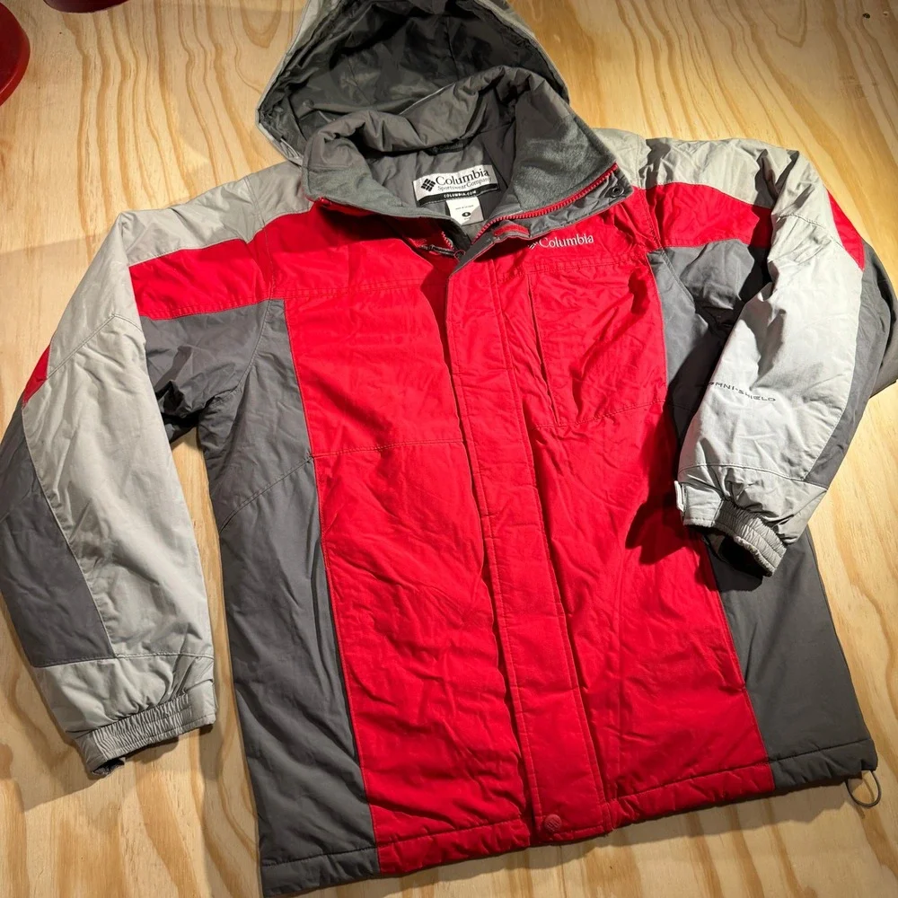 Columbia Men's Omni-Shield Red Grey Colorblock Hooded Winter Parka Jacket Size S